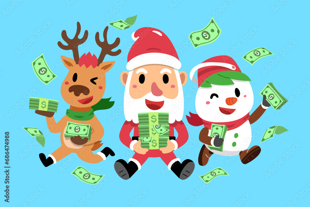 Merry Christmas vector cartoon santa claus and friend with money for design.