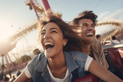 A couple laughing together on a roller coaster © Dennis
