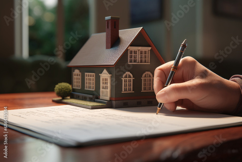 A hand signing a contract to buy a house, becoming a homeowner, and investing in real estate