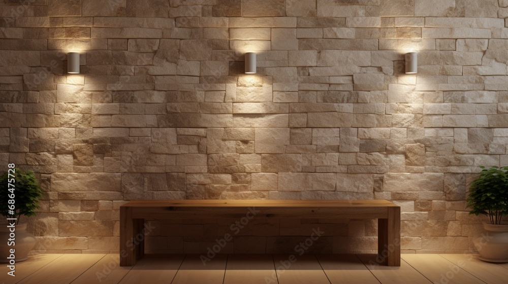 Explore the contemporary elegance of an empty room adorned with stone wall lamps in this 3D . The interplay of light on the textured stone wall adds a touch of modern sophistication to the interior. - obrazy, fototapety, plakaty 
