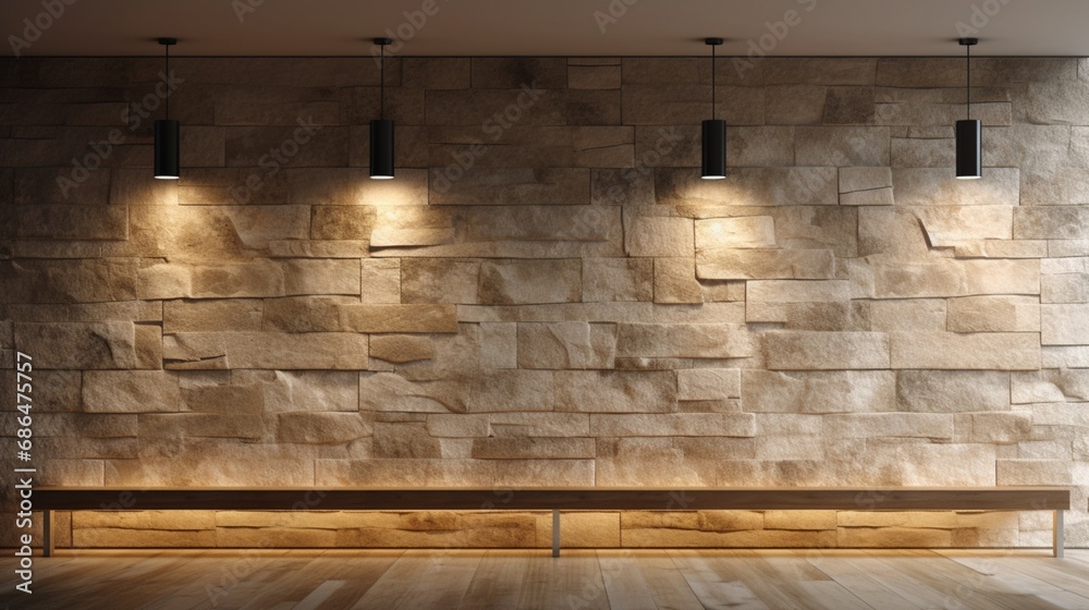 Explore the contemporary elegance of an empty room adorned with stone wall lamps in this 3D. The interplay of light on the textured stone wall adds a touch of modern sophistication to the interior. - obrazy, fototapety, plakaty 