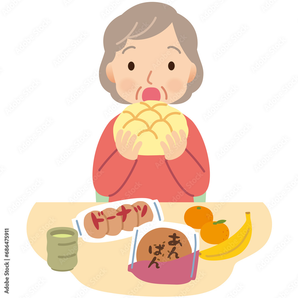 過食するシニア女性　介護　認知症