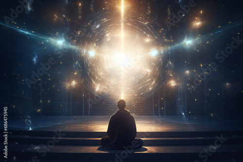 A person meditating and reaching enlightenment, being in tune with the universe