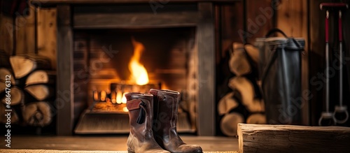 Boots drying near a cozy fireside in a cabin.