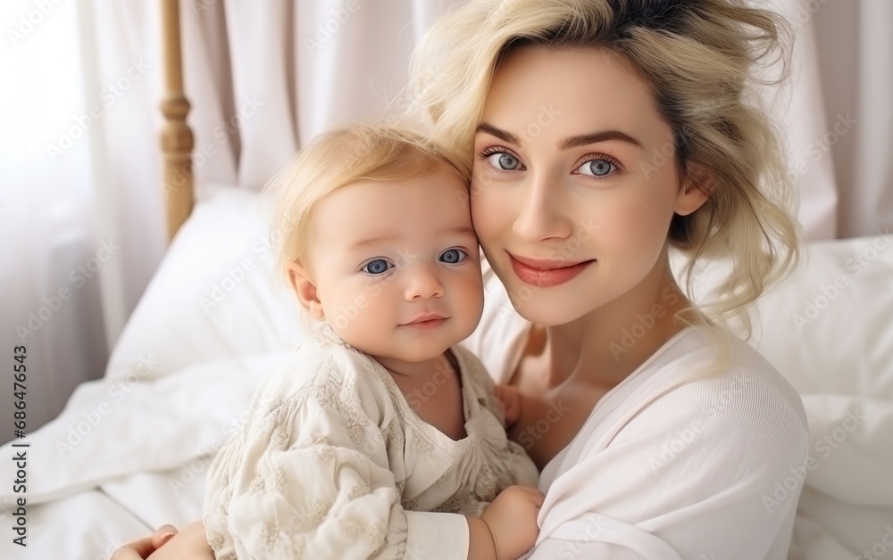 Portrait pretty woman holding a newborn baby Portrait pretty woman holding a newborn baby