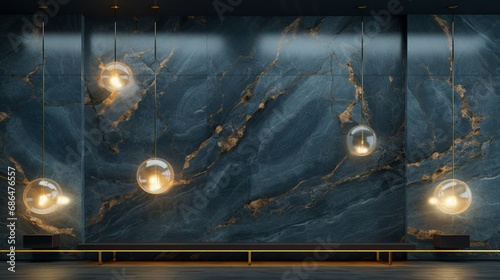 3D featuring stone wall lamps in an empty room, set against a captivating marble wall in blue, gold, and black. The textured wall becomes a canvas for ambient light, creating a visually stunning.