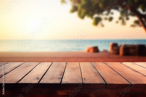 Empty wooden tabletop with blurred beautiful natural background  for mock up and montage product display advertisement.