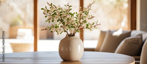 Beige vase on wooden coffee table in elegant dining room
