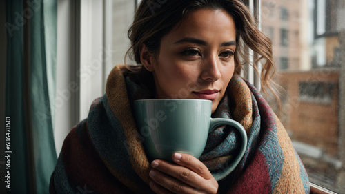 In a close-up shot, a woman dressed in a cozy sweater holds a mug, braving the winter cold amidst falling snowflakes, portraying a sense of warmth and comfort in the chilly weather 