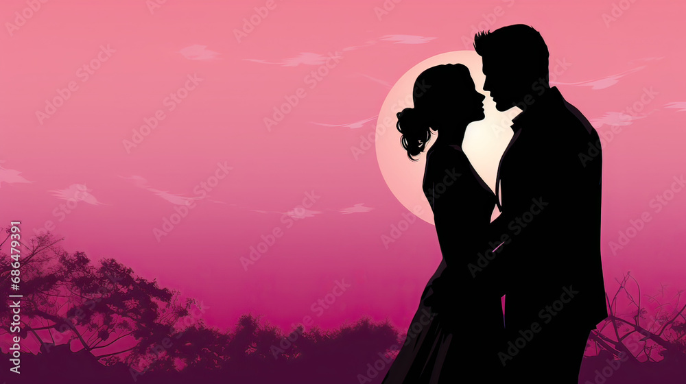 Against a pink moonlit sky, the silhouette of a loving couple creates a romantic script shadow, capturing a timeless moment.