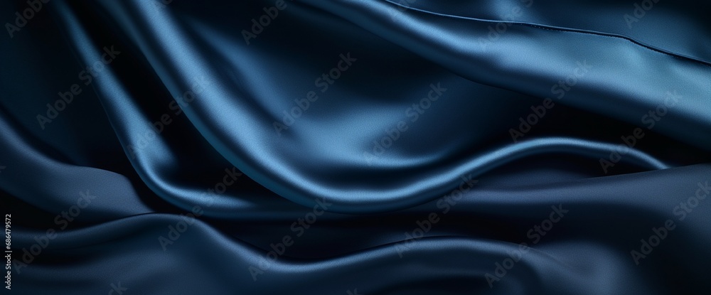 Fototapeta premium Navy blue silk satin. Silky shiny fabric. Dark luxury background with space for design. Banner. Wide. Long. Panoramic. Template. Empty. Flat lay, top view table. Beautiful.Elegant.Birthday,Christmas
