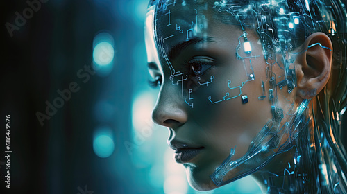 a female robot's face with a futuristic pattern on it