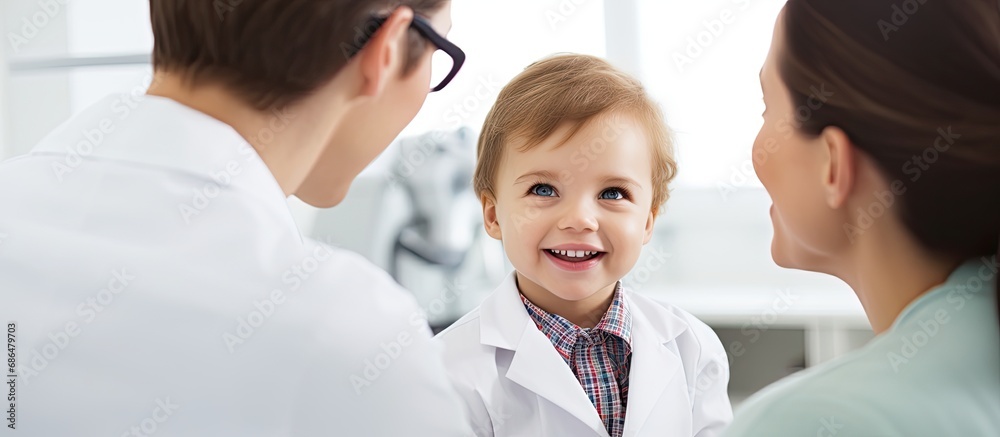 Eye doctor giving consultation to mother with baby. Eye doctor giving consultation to mother with baby.