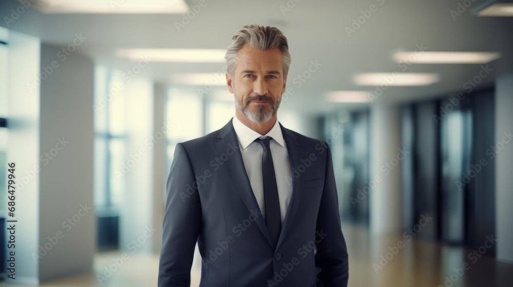 The Dapper Gentleman: A Stylish Man in a Suit and Tie Standing Gracefully in a Elegant Hallway