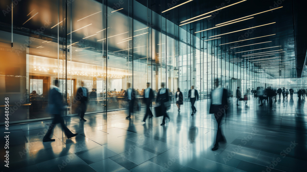 a group of people walking through a lobby