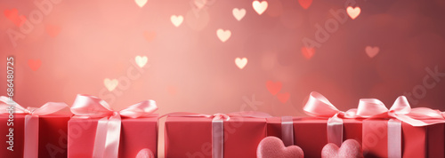 Valentine's Day Red Gift Boxes and Hearts on Romantic Red Backdrop