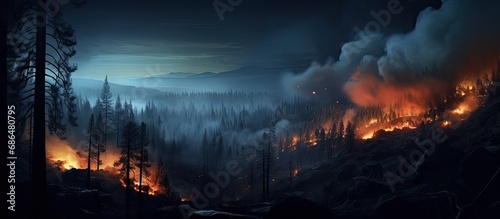 Human-caused wildfire consumes mountain forest at night.