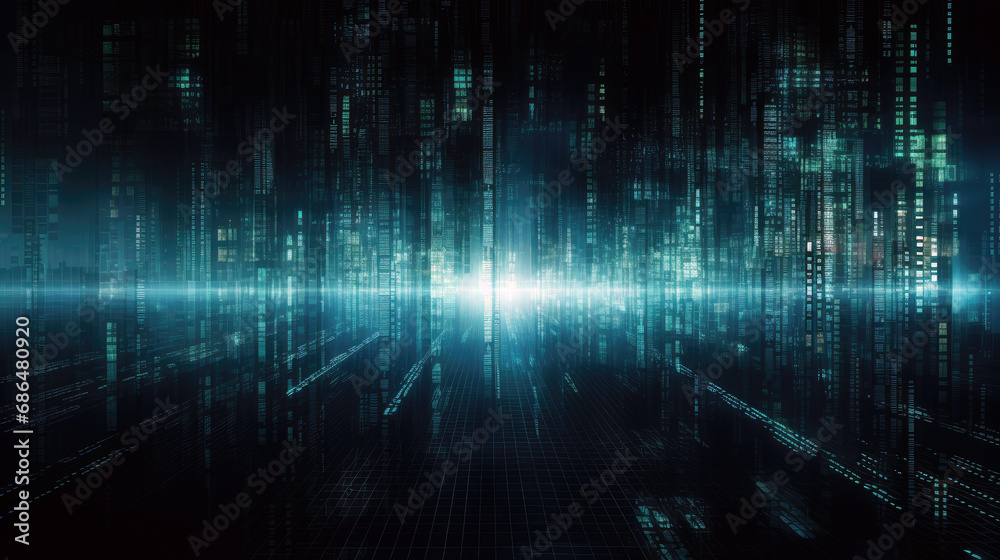 a dark background with a lot of green digital lights represent data streaming