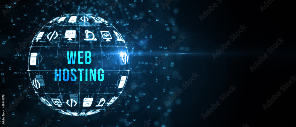 Web Hosting. The activity of providing storage space and access for websites. Business, modern technology, internet and networking concept. 3d illustration Web Hosting. The activity of providing storage space and access for websites. Business, modern technology, internet and networking concept. 3d illustration