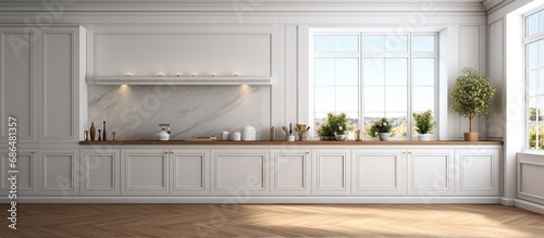 Luxurious kitchen with wooden and white walls wooden floor grey countertops cupboards and a large window rendered in