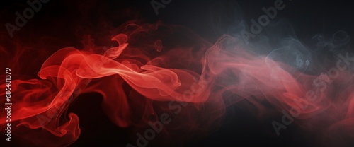 Panoramic view of the abstract fog. Red cloudiness, mist or smog moves on black background. Beautiful swirling smoke. Mockup for your logo. Wide angle horizontal wallpaper or web banner