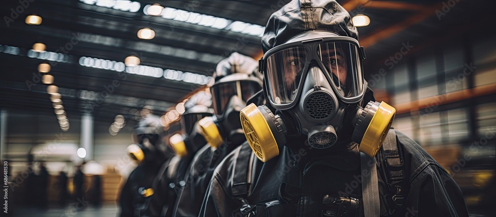 Gas mask-wearing officers assessed a chemical leak in an industrial warehouse. Gas mask-wearing technicians inspect and assess toxic spill recovery. Gas mask-wearing officers assessed a chemical leak in an industrial warehouse. Gas mask-wearing technicians inspect and assess toxic spill recovery.