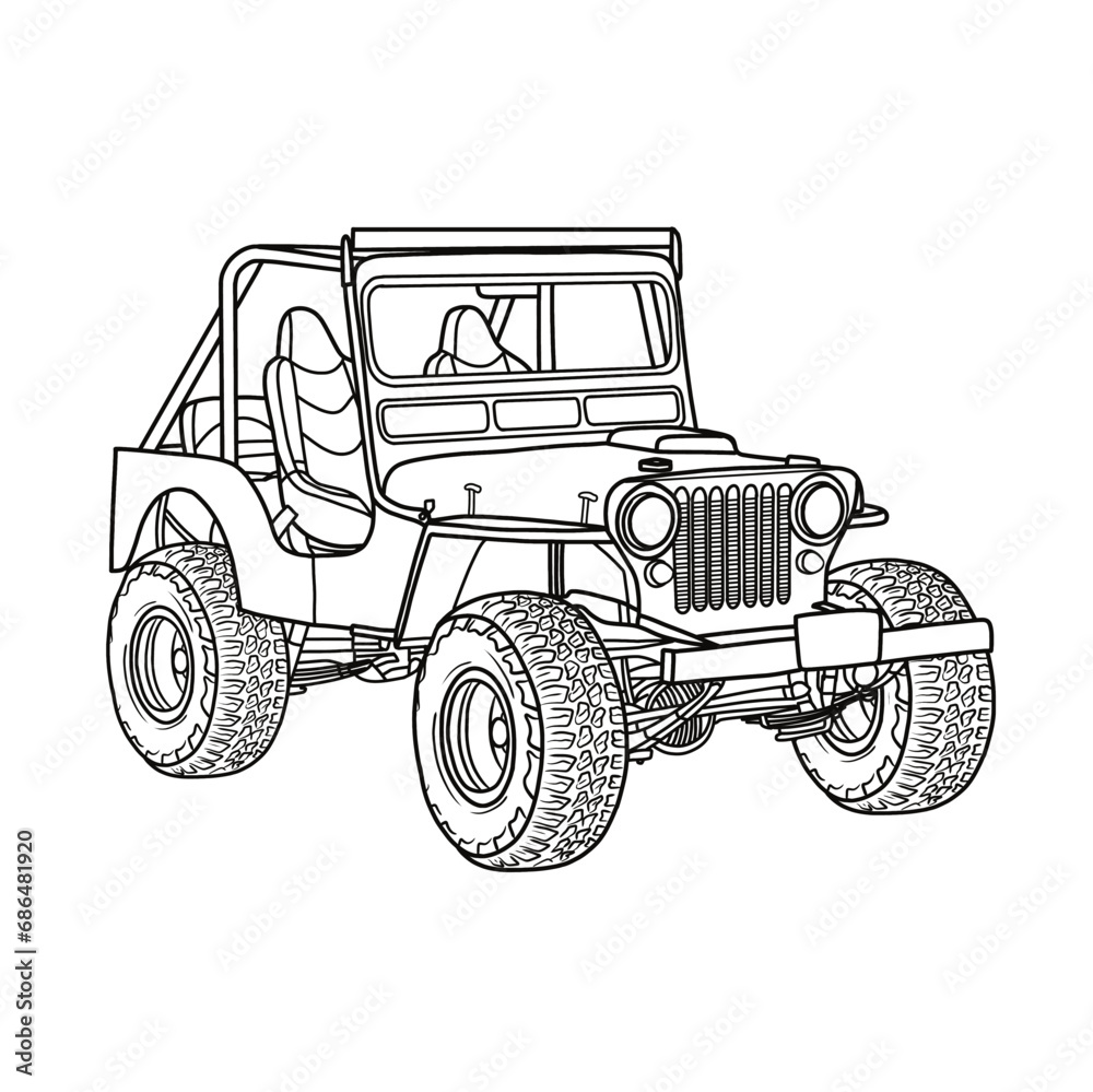 Military vehicle vector army 4X4 car vector illustration line art, Hand-Drawn Outline Design, isolated on white background
