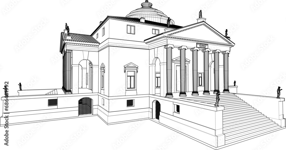 Vector sketch illustration of architectural design of vintage ancient classic museum building with big pillars