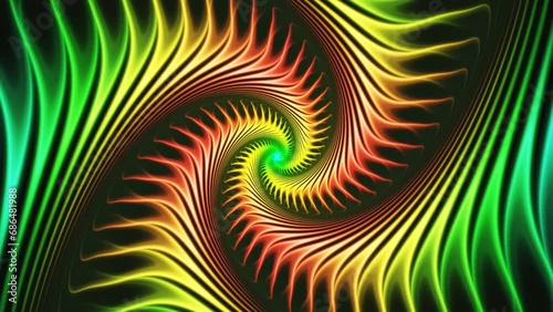 Red, yellow, green spiral revolving and enlarging from small blue dot in centre. Fractal curve line particles emanating from volute on black. Abstract hypnotic bright background. 4K UHD 4096x2304 photo