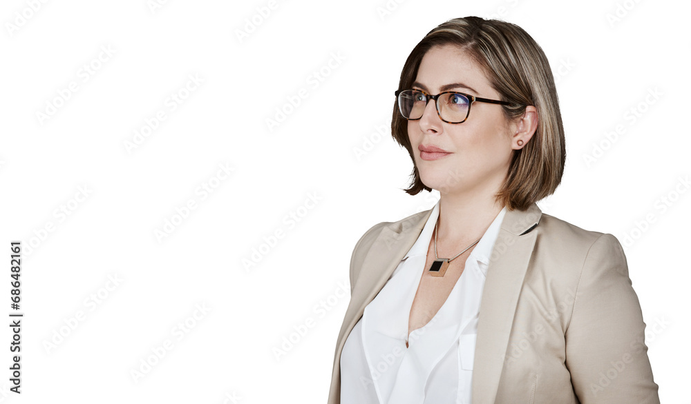 Thinking, serious and business woman with vision, inspiration or planning future strategy. Professional dream of idea, reflection and problem solving solution isolated on a transparent png background Thinking, serious and business woman with vision, inspiration or planning future strategy. Professional dream of idea, reflection and problem solving solution isolated on a transparent png background