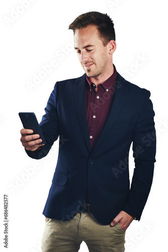 Businessman, reading and smartphone for communication, email or message. Male entrepreneur, startup and technology by mobile app for internet, web or text on isolated or transparent png background