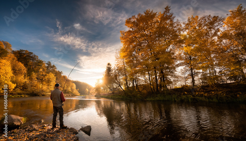 autumn river at sunset and a fisherman © stockfotocz