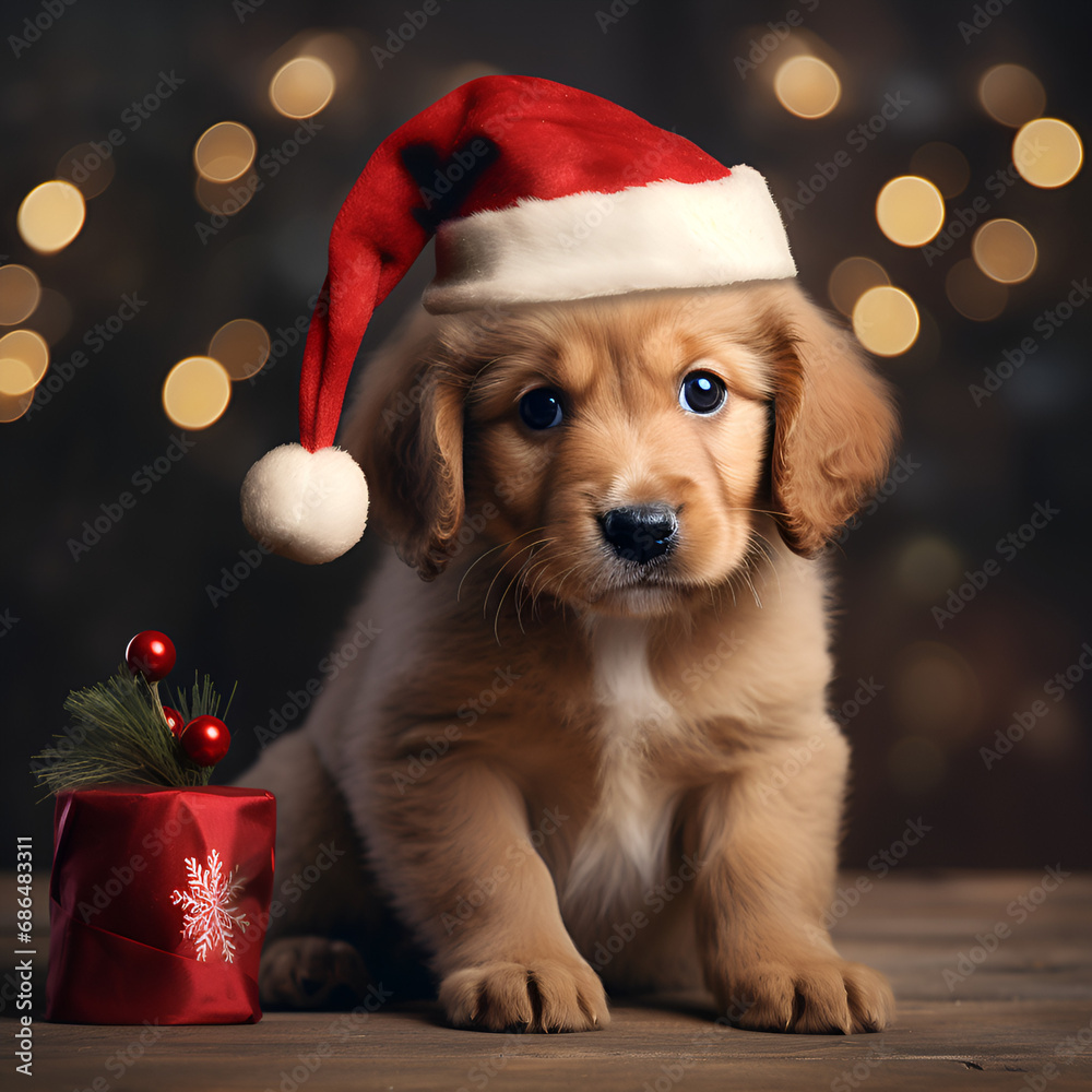 Cute Puppy Dog With Christmas Hat Christmas Outfit 