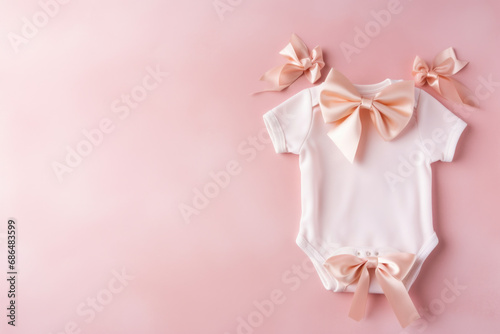 Baby romper or bodysuit on pink background for new born baby shower invitation photo