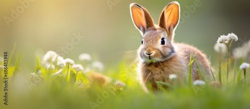 A fluffy hare resting on grass, photographed vertically.
