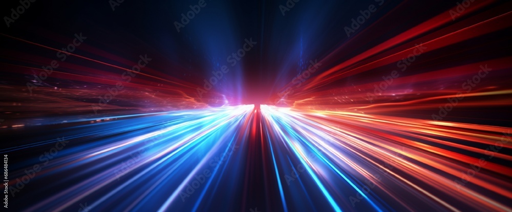Obraz premium speed light line motion blur on dark background, data transfer simulation, blue to red lights