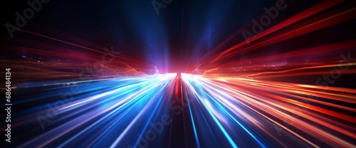 speed light line motion blur on dark background, data transfer simulation, blue to red lights