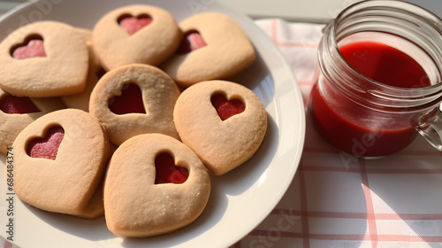 Heart shaped jam and jelly filled cookies. Romance and love food concept. photo