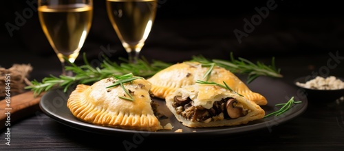 Baked hand pies with chives and mushrooms, served with wine. photo