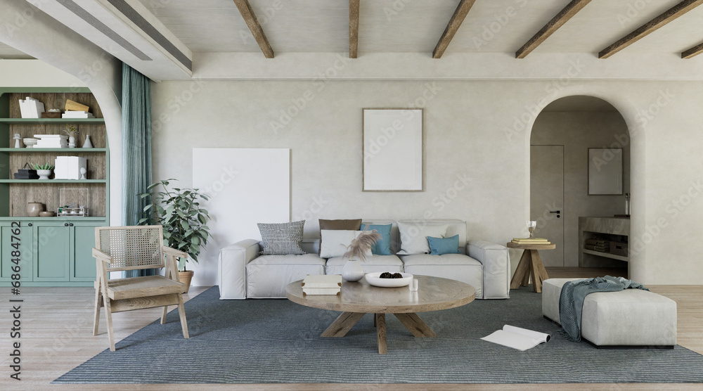 Fototapeta premium minimalism livingroom with sofa and table, wall mockup, frame mockup