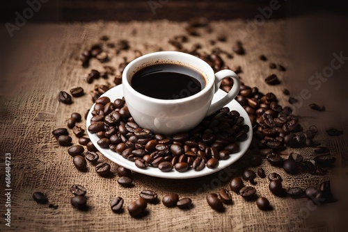 A cup of hot coffee sorrounded with coffee beans.