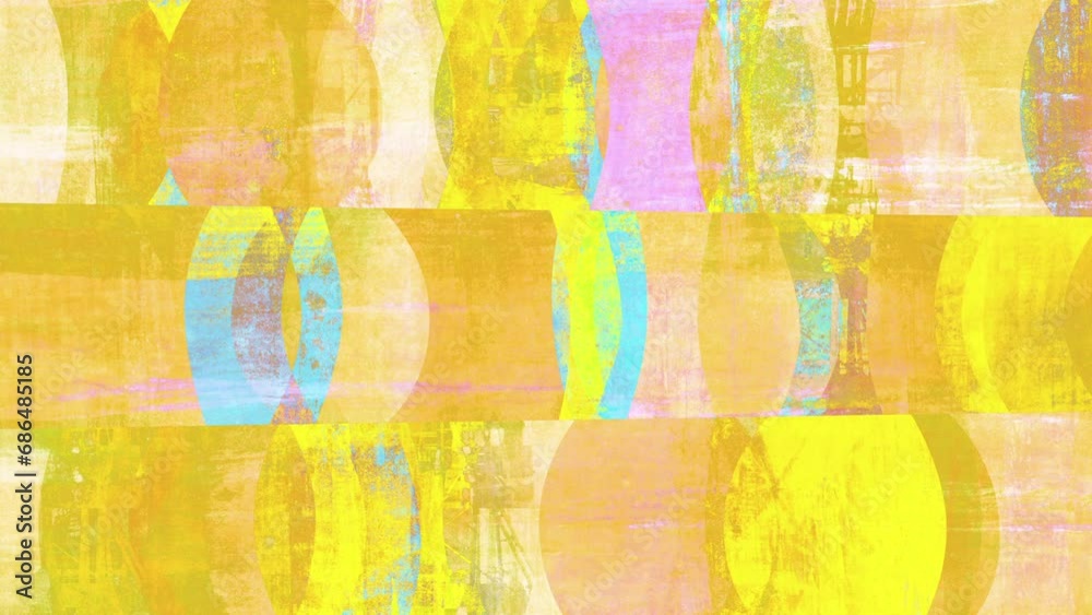 Retro mid-century-style abstract pop art background loop. Yellow version. Moving shapes with grunge effects. Layered textures. Retro mid-century-style abstract pop art background loop. Yellow version. Moving shapes with grunge effects. Layered textures.