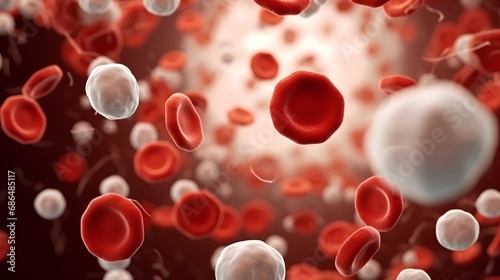 A highresolution microscopic view of human blood circulation showcasing red blood cells (erythrocytes) and white blood cells (leukocytes) flowing in a blood vessel. photo