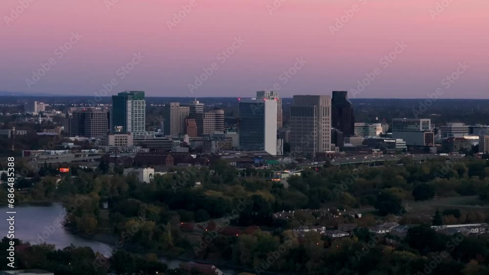 Zoomed in drone shot showing the Traffic in Sacramento on a fall day at sunset Zoomed in drone shot showing the Traffic in Sacramento on a fall day at sunset