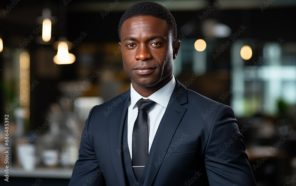 A dark-skinned 30-year-old businessman stands in the office. Successful mature boss working inside modern office building. A dark-skinned 30-year-old businessman stands in the office. Successful mature boss working inside modern office building.
