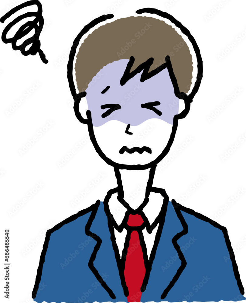 風邪をひいている男子学生。めまいや吐き気の症状。