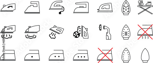 Iron and No Iron line icons Set. Home appliance, Steam generator irons with editable stock. Simple flat vectors illustration for web site or mobile app. Laundry item symbols on transparent background.