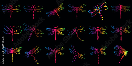 Neon dragonflies vector illustration, colorful on black background. Vibrant, modern design for wallpaper, print, fabric, textile. Trendy style, perfect for fashion, decoration. Bright, rainbow colors