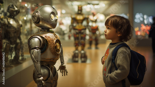 Young boy visiting a robot exhibition at a science museum