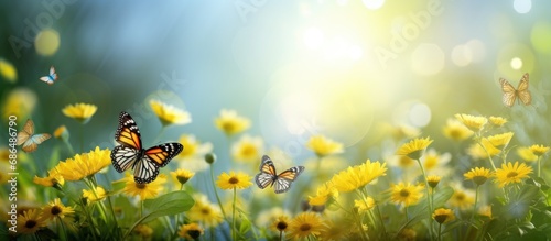 Butterflies float on yellow flowers amidst green trees, creating a captivating scene in the beautiful natural surroundings with the open sky and shining sun.